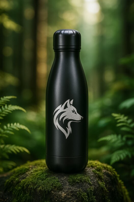Sort termoflaske med ulve-logo plassert på mose i skogen. Ideell turflaske for friluftsliv og natur.