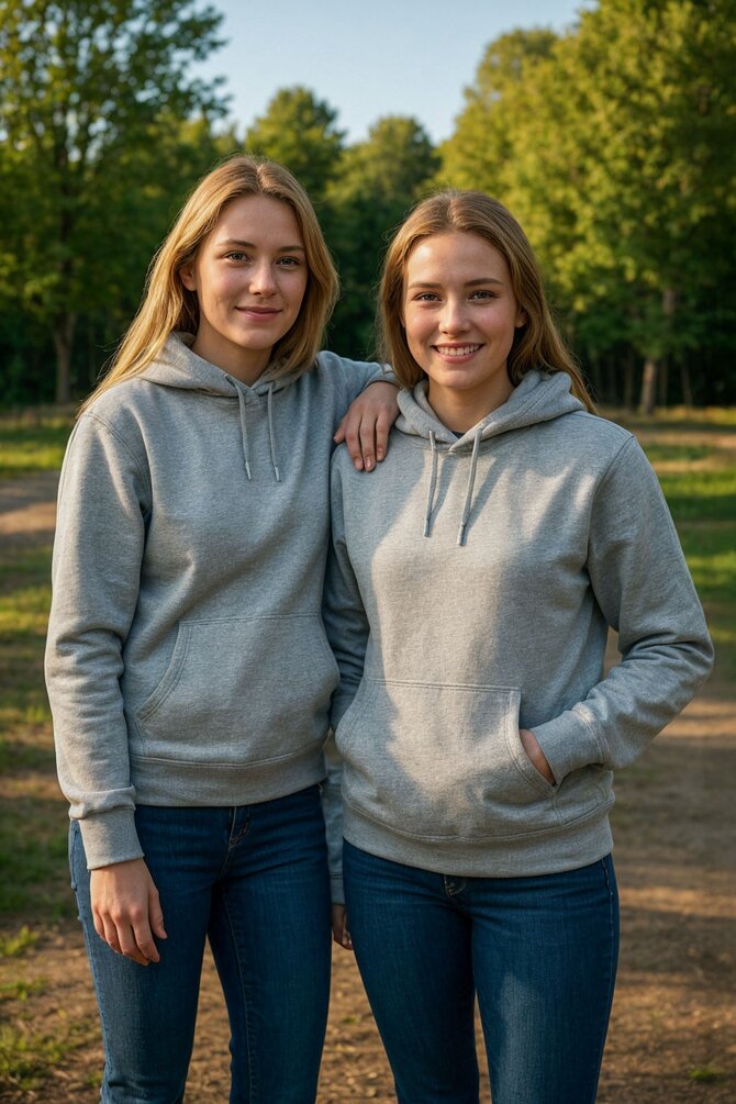 To kvinner iført grå Tracker Original Hettegenser – myk og behagelig hettegenser til jobb og fritid. 