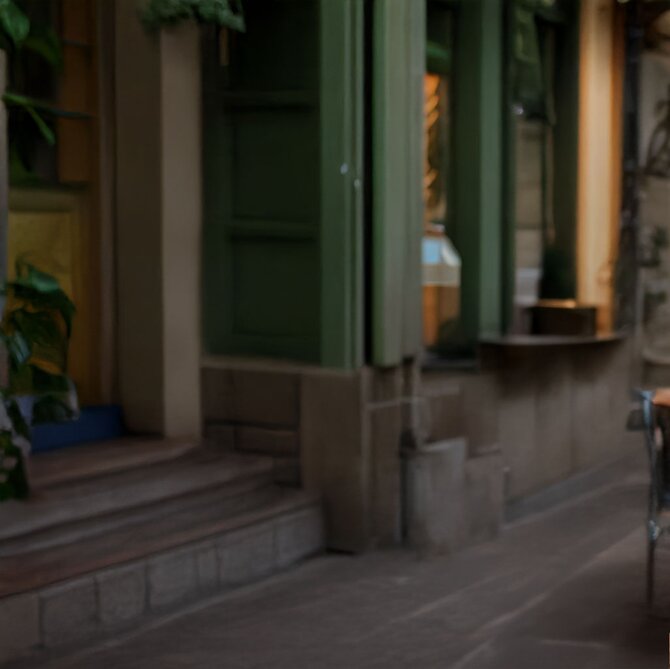 Uskarp bygate med kafeer og fasader – brukt som miljø for presentasjon av profilklær. 