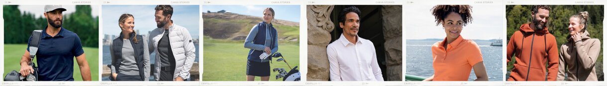 En rekke små bilder av menn og kvinner iført Cutter & Buck-klær i ulike utendørsmiljøer.