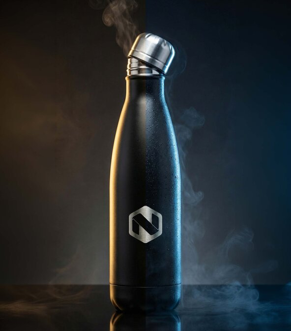 Sort termoflaske med ulve-logo, vist med flammer og røyk for å illustrere varme og kulde. Perfekt for både varm og kald drikke.