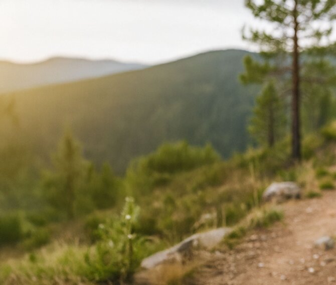 Uskarp utsikt over norsk fjellandskap – brukt som stemningsfull bakgrunn for utendørs profilklær. 
