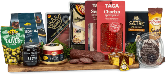 Eksklusiv gavepakke med spekemat, ost, sjokolade og delikatesser – en perfekt påskegave.