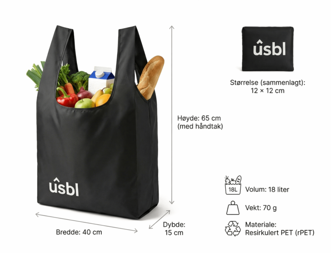 Sammenleggbart handlenett i resirkulert rPET med trykk – romslig handlenett med 18 liters volum, lett og praktisk profilartikkel til daglig bruk