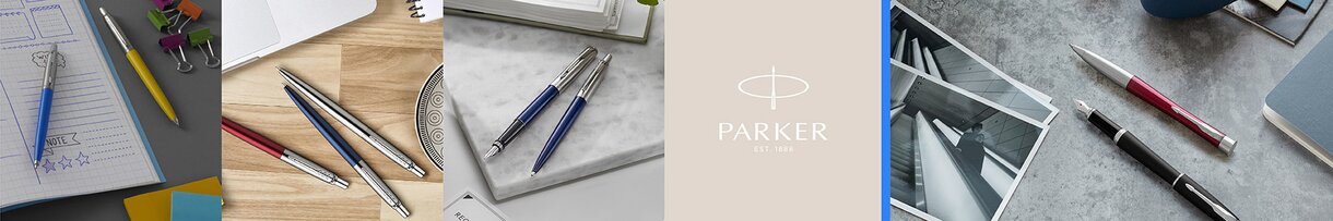 Kollasj av Parker-penner i ulike settinger, inkludert notatbøker, marmoroverflater og kontorlandskap.