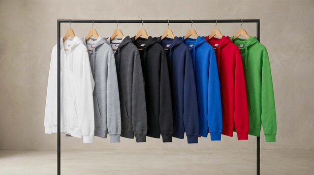 Basic hettejakke med glidelås i flere farger hengende på stativ