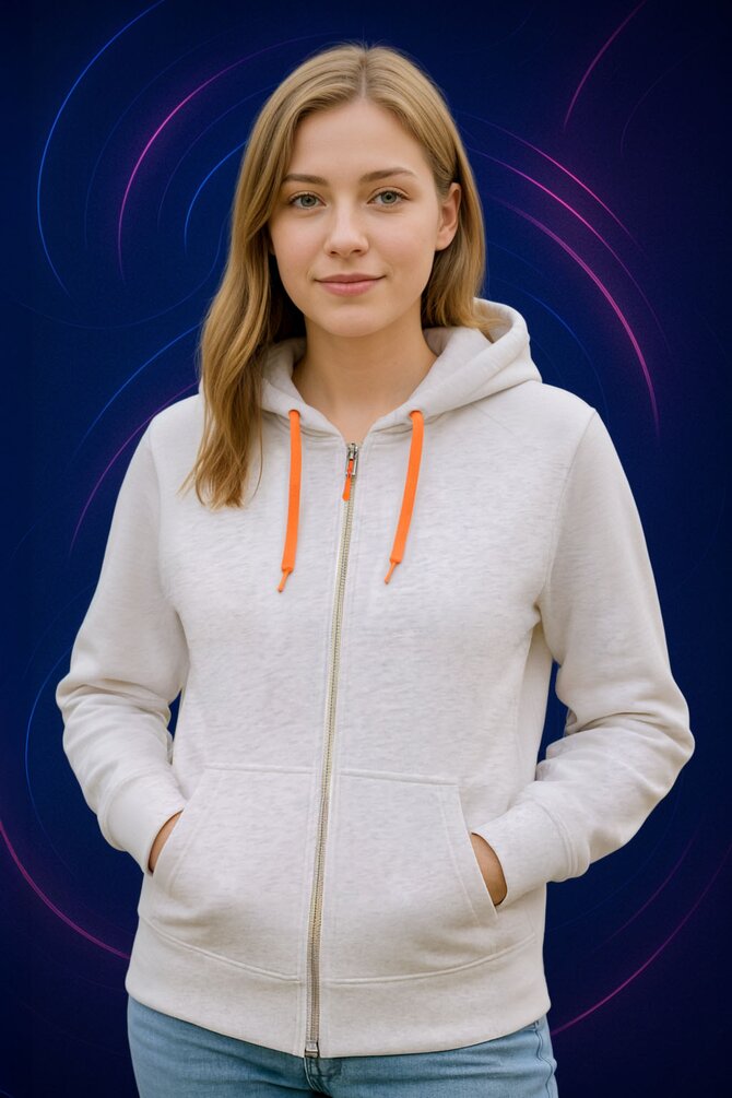 Kvinne iført Tracker Original hettejakke med oransje hettebånd – moderne passform og komfort for arbeid og fritid.