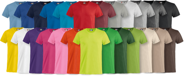 Oversikt over Clique New Classic-T i en rekke farger, fra lyse nyanser til dype blå- og grønntoner, samt nøytrale grå- og jordfarger.