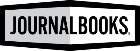 JournalBooks-logo i svart og hvitt. JournalBooks er en merkevare kjent for sine tilpassbare notatbøker og planleggere.