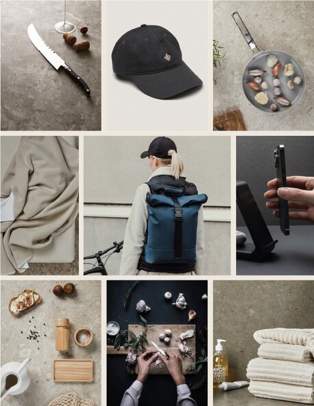 Collage av Vinga-artikler som kniv, caps, ryggsekk, mobilholder og håndklær.