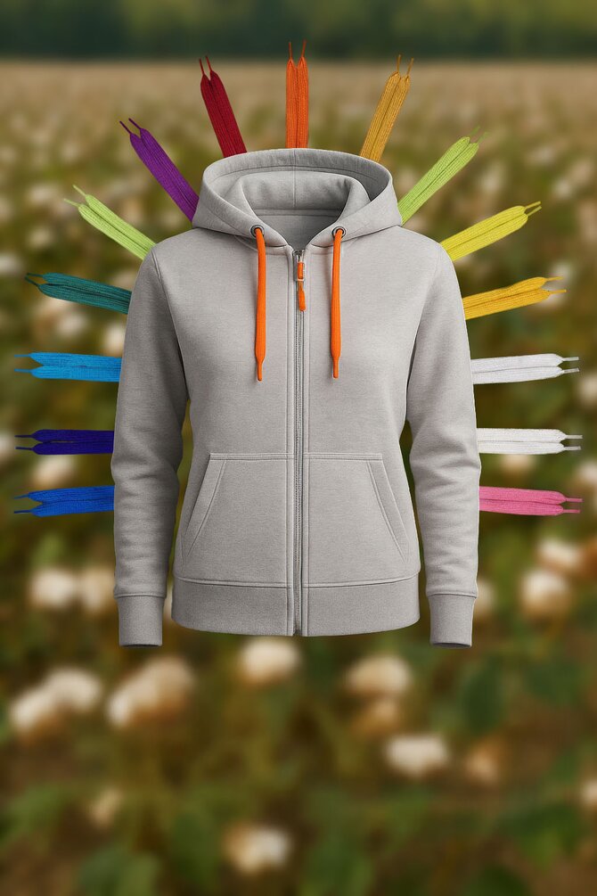 Tracker Original hettejakke i grått med utskiftbare hettebånd og zipper-pullers i flere farger – viser tilpasningsmuligheter for profilering.