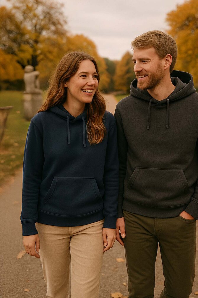 To personer iført Clique Classic Hettegenser i høstfarger – allsidig og komfortabel hettegenser til hverdag og fritid. 