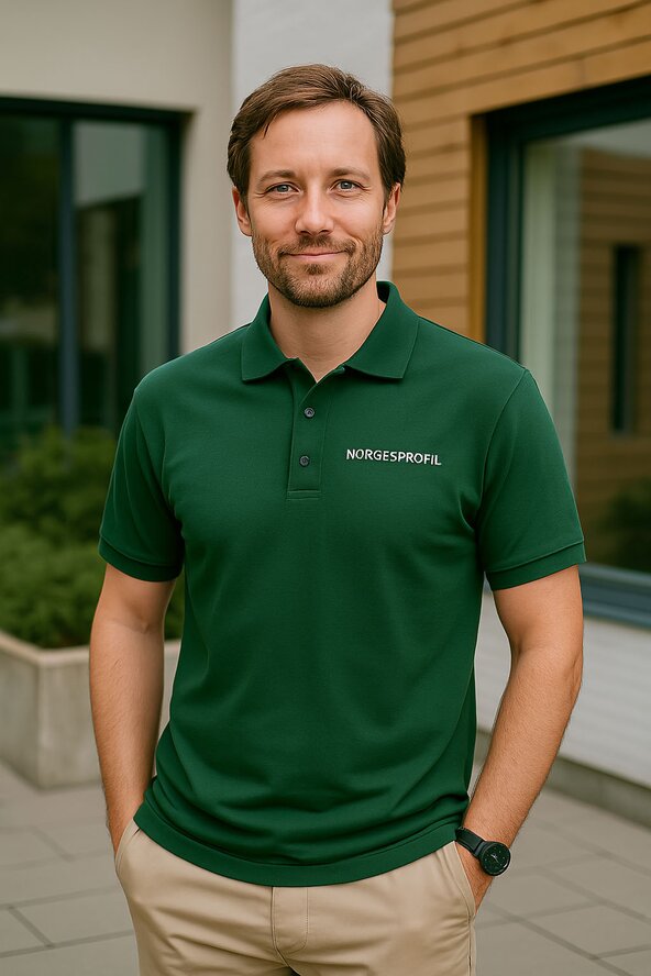 Mann iført grønn Classic Lincoln poloskjorte med hvit brodering. Klassisk profilplagg med moderne passform for jobb og hverdag.