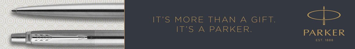 Parker-banner med sølvpenner og teksten "It's more than a gift. It's a Parker."
