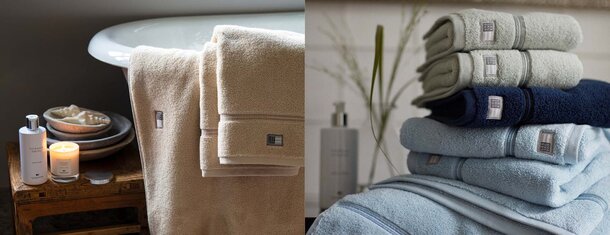 Collage av Lexington-håndklær i ulike nøytrale og blå nyanser, dandert på et bad med spa-aktig atmosfære.