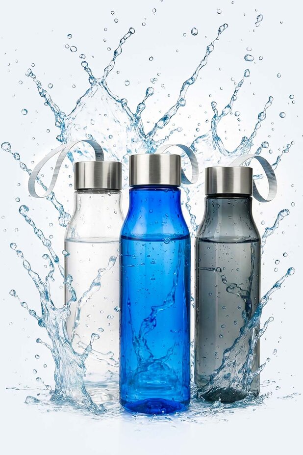 Tre vannflasker i klar, blå og grå/sort plast med stålokk og bærestropp. Friske og moderne drikkeflasker for profilering og hverdag.