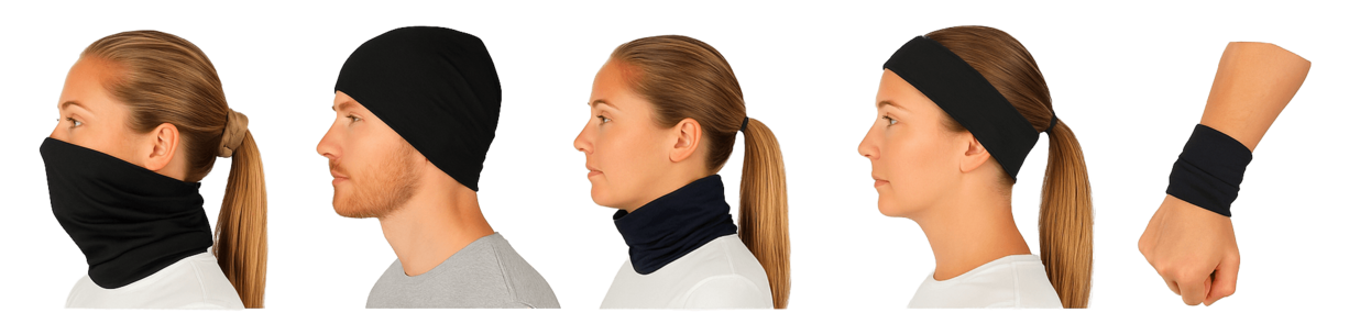 Multifunksjonell buff brukt som hals, lue, pannebånd og håndleddsvrist. Vist på modeller for å demonstrere bruksområdene.