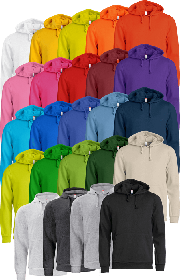 Fargeutvalg av Clique Basic Hettegenser – tilgjengelig i et bredt spekter av farger for firmaprofilering og kampanjer. 