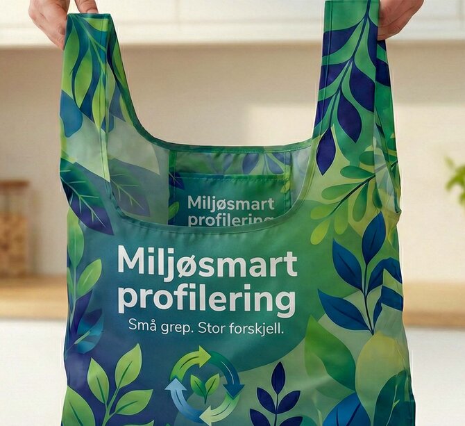 Sammenleggbart handlenett med grønt naturmønster og budskapet «Miljøsmart profilering» – bærekraftig handlenett med trykk perfekt for miljøvennlig profilering av bedrifter