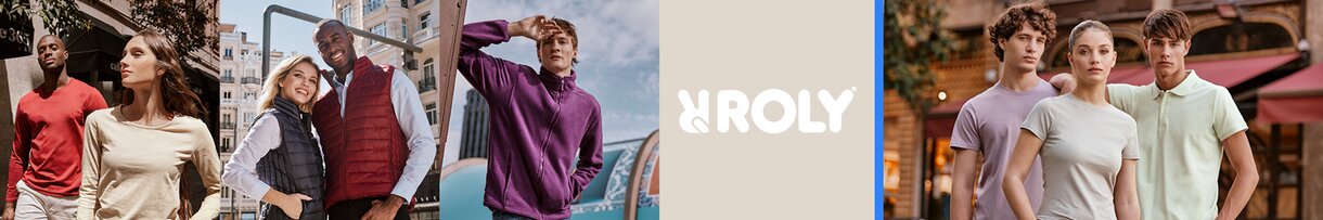 Collage av Roly-klær med Roly logo. Roly profileringsklær - t-skjorter, fleecejakker, vester for bedrifter.