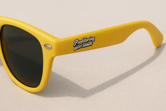 Nærbilde av gule Sun Ray solbriller med teksten “Profilering gjort enkelt” – ideelle som profilprodukt med logo.