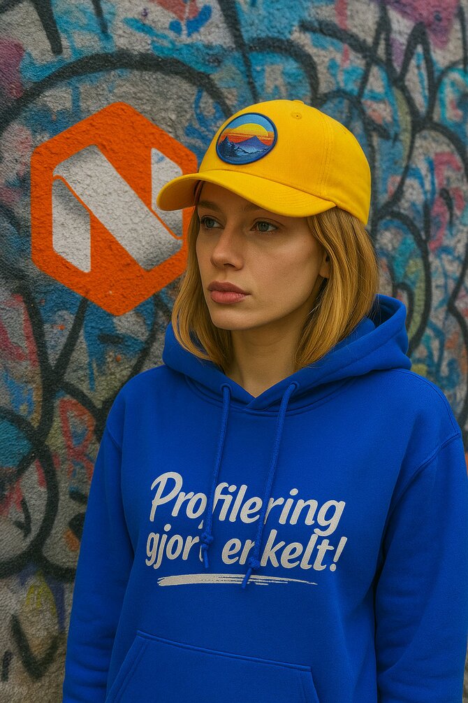 Kvinne med gul Atlantis Shot Cap og blå hettegenser med teksten “Profilering gjort enkelt” foran fargerik graffiti – trendy streetwear med logomulighet.