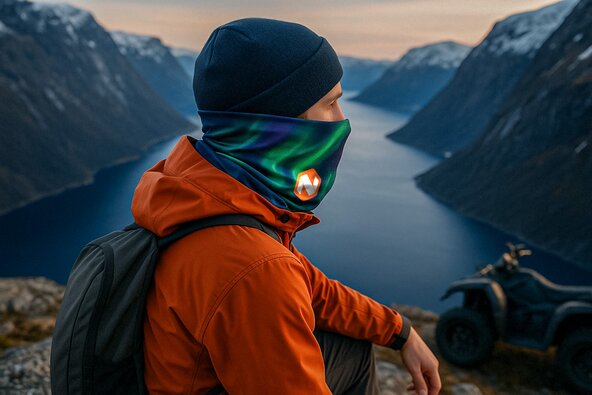 Person med multilue i nordlysdesign på fjelltur ved norsk fjord – praktisk og varm bandana for utendørs bruk. 