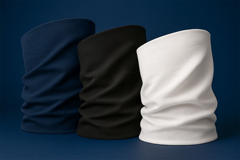 Buff i marineblå, sort og hvit, stående oppreist for å vise form og passform. Allsidig hodeplagg til trening, tur og hverdag.