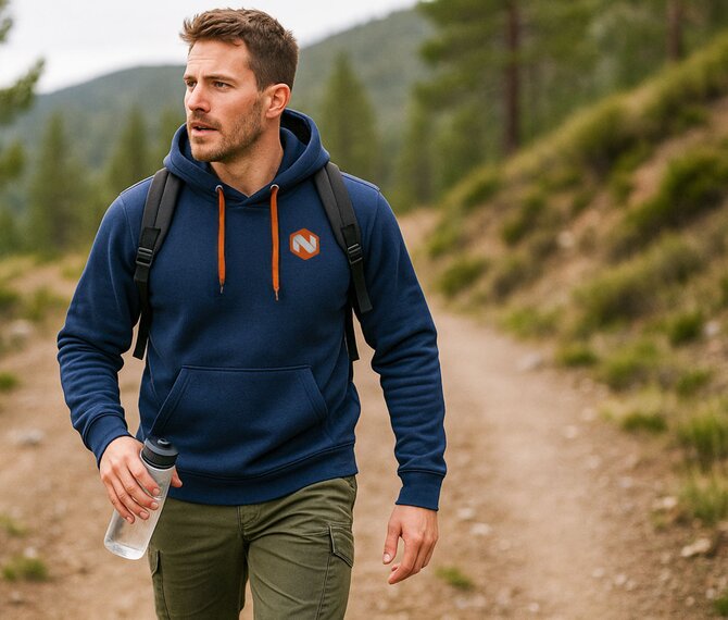 Mann på tur iført blå Tracker Original Hettegenser med oransje snorer – robust hettegenser for tur og arbeid.