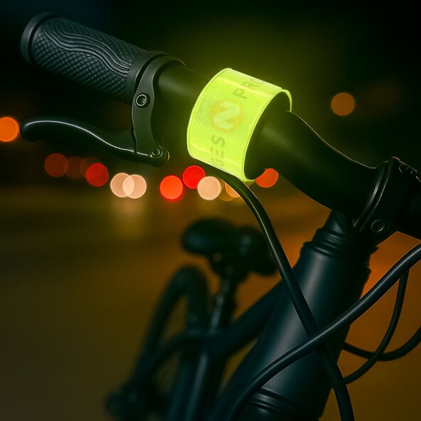 Slapwrap refleks festet på sykkelstyre i mørket. Øker synlighet og sikkerhet i trafikken.