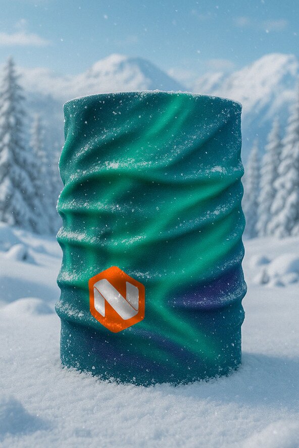 Multilue med nordlysdesign og logo – perfekt til vinterbruk og profilering i kaldt klima. 