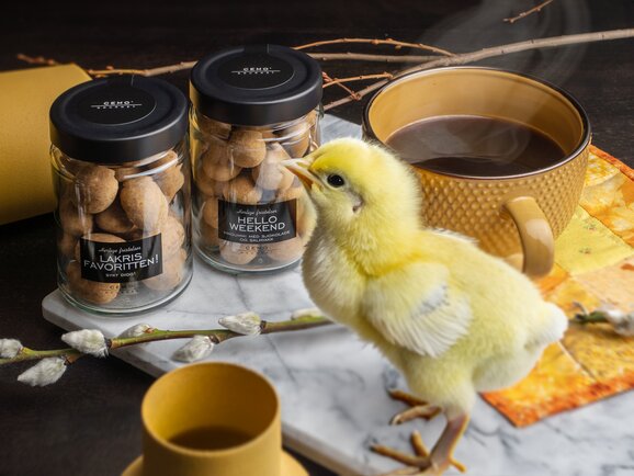 Sjarmerende påskekylling ved kaffebord med nøtter og snacks – en koselig og smakfull påskegave.