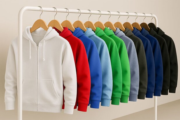 Clique Basic hettejakker hengende på stativ i et bredt utvalg farger. Perfekt for firmaprofilering, lag og kampanjer.