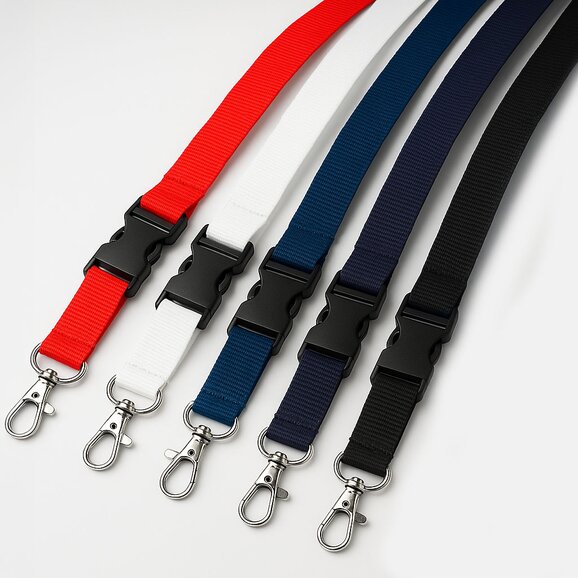 Nøkkelbånd med sikkerhetslås og metallkrok i fargene rød, hvit, blå, marine og sort. Ideelt for ID-kort, nøkler og profilering.