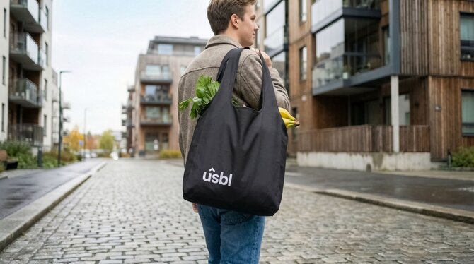 Person går gjennom bygate med gjenbrukbart handlenett med trykk – romslig handlenett til dagligvarer og profilering med firmalogo