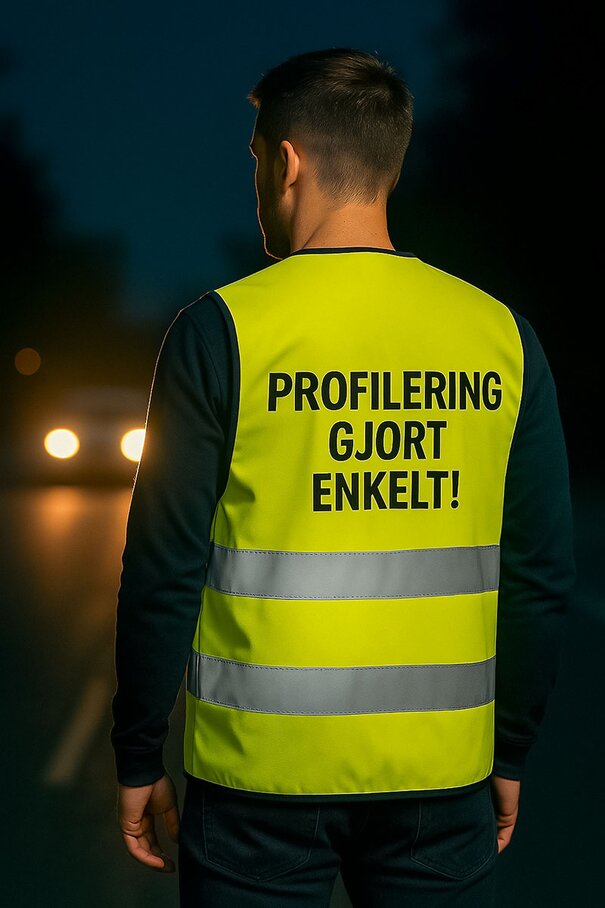 "Gul refleksvest sett bakfra med påtrykt tekst 'Profilering gjort enkelt!'. Perfekt for synlighet og firmaprofilering.