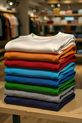 Fargerike Clique Premium-T t-skjorter pent brettet i butikk – perfekt basisplagg med god passform og lang holdbarhet.