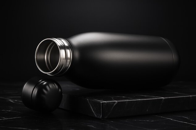 Sort termoflaske i stål, vist liggende med lokket av og åpningen eksponert. Viser detaljene i flaskens design og kvalitet.