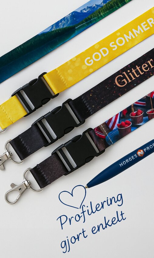 Fargerike logobånd med trykk og sikkerhetsklips – ideelle til arrangementer, messer og firmabruk.