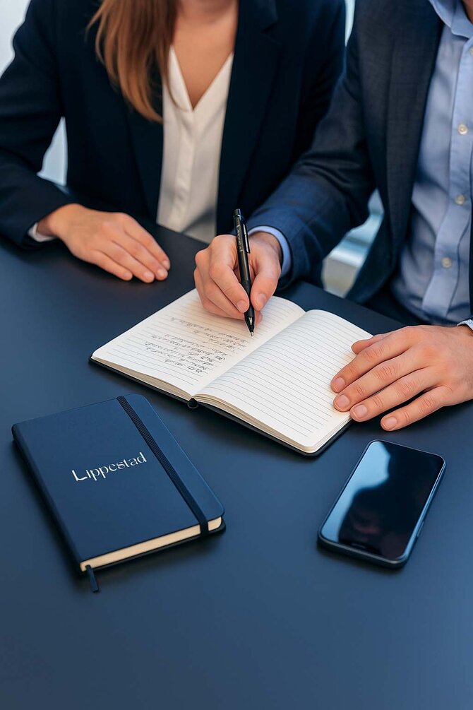 To personer i møte skriver i A5-notatbok med firmalogo – perfekt til profesjonell profilering og daglig bruk.
