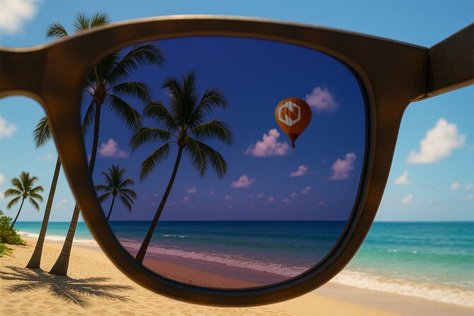Utsikt gjennom Sun Ray solbriller mot strand og palmer – illustrerer UV-beskyttelse og sommerfølelse.