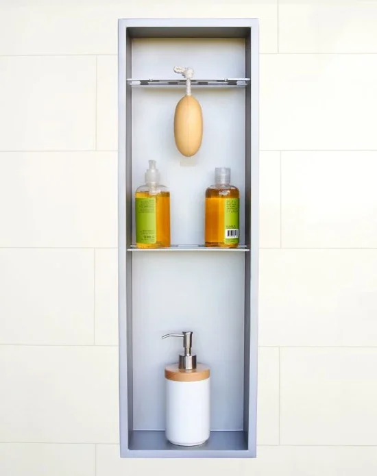 Installed N828 PVD Chrome shower niche with items