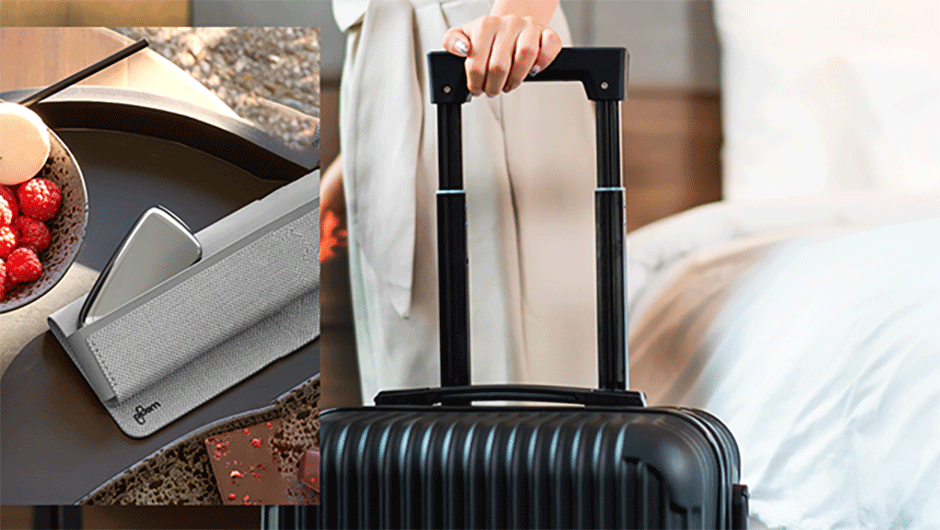 Ploom device in a case on a table next to desserts, and a person with a suitcase in a hotel room.