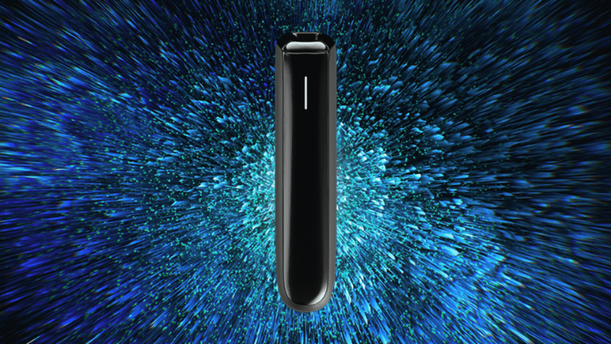 Elegant Ploom AURA device on an abstract blue background.