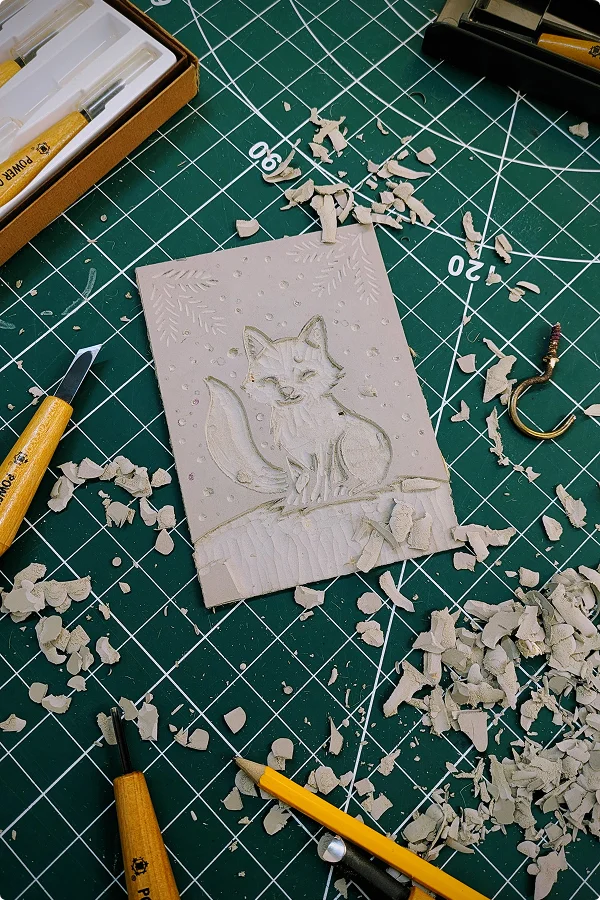 Linocut making in progress