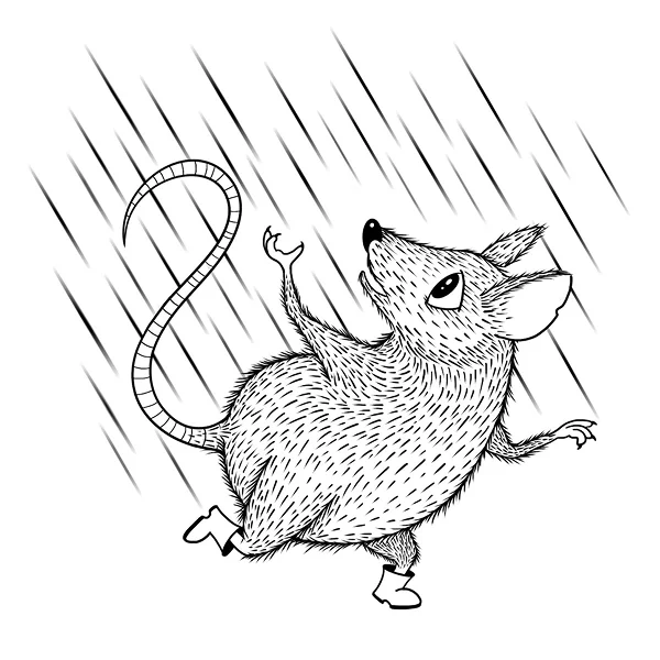 Black and white illustration of a mouse running from the rain
