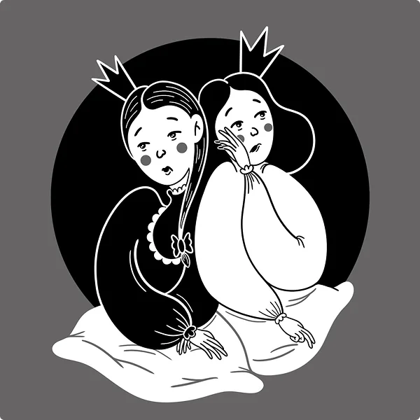 Black and white illustration of two female figures in an embrace