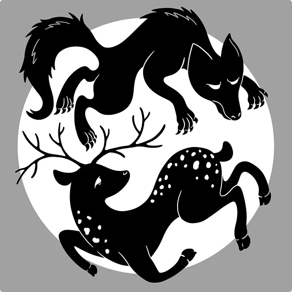 Black and white illustration of a wolf and a deer in a circular jump