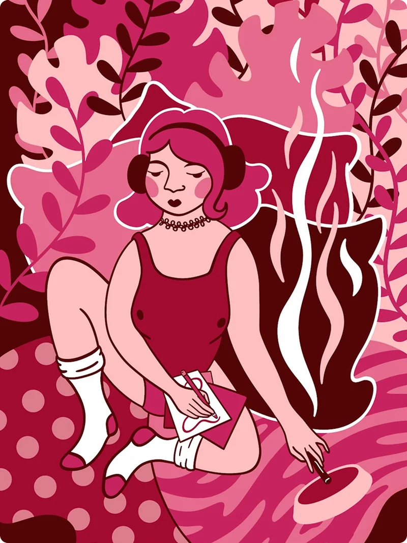 Portrait of a woman with pink hair drawing and smoking