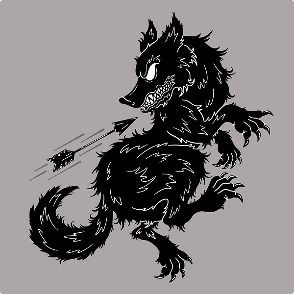 Black and white illustration of a wolf dodging an arrow